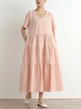 Soyaconcept Light Pink Linen Blend Tiered Short Sleeve Midi Dress Size XL